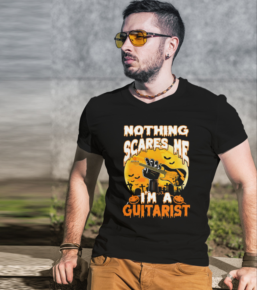 Nothing Scares Me I'm A Guitarist Music Vintage Halloween Graveyard Scene Guitar Hand Pumpkins Bats T-Shirt