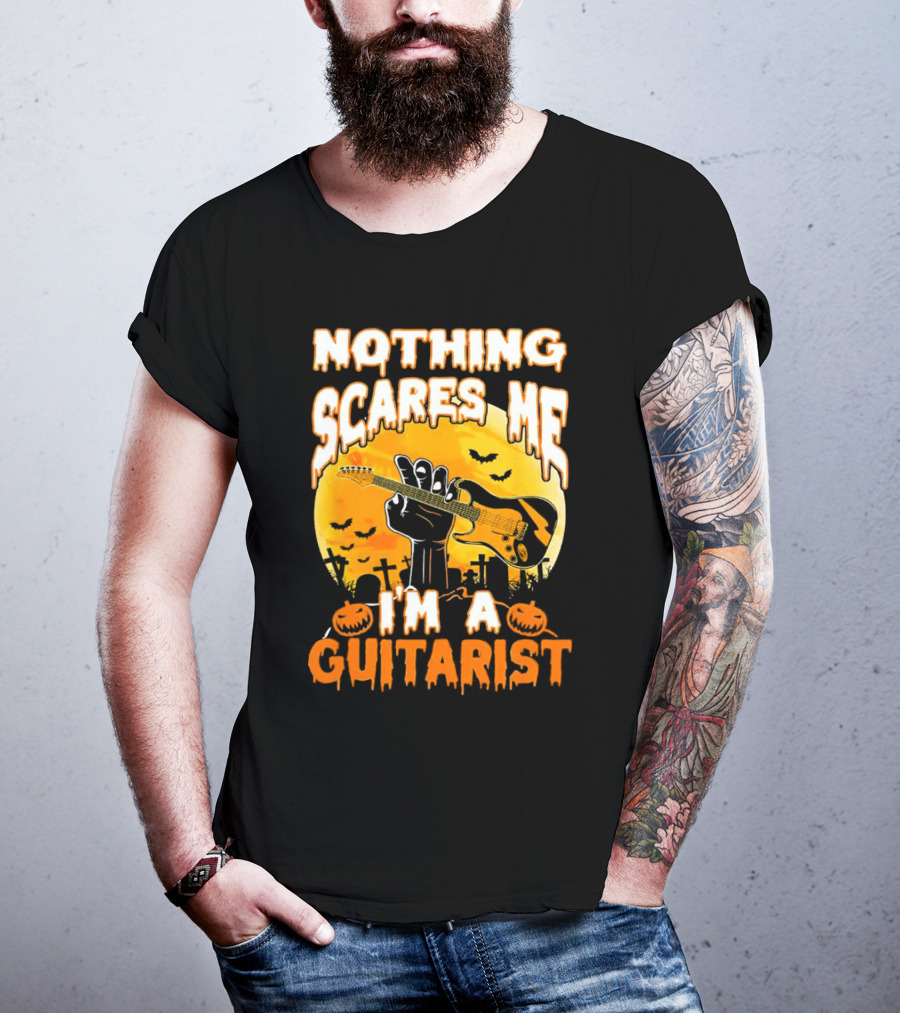 Nothing Scares Me I'm A Guitarist Music Vintage Halloween Graveyard Scene Guitar Hand Pumpkins Bats T-Shirt