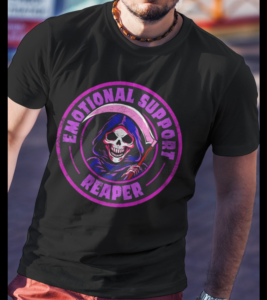 Emotional Support Reaper Skeleton With Scythe In Purple Hood T-Shirt