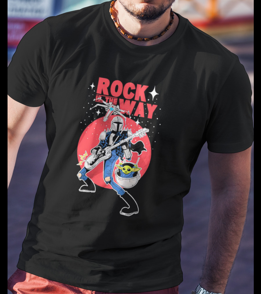 Rock Is The Way Din Djarin And Grogu Playing Guitar In Front Of Red Moon T-Shirt
