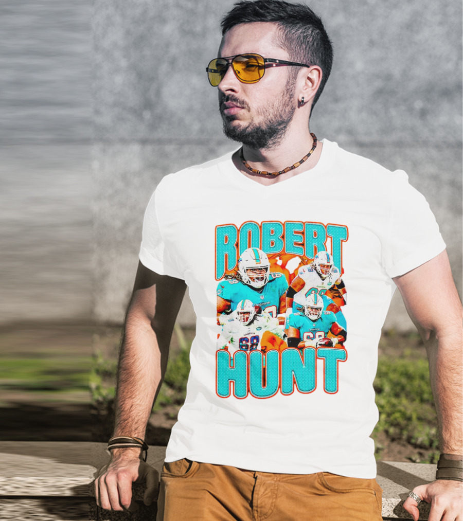 Robert Hunt Miami Dolphins 68 Vintage Football Collage T-Shirt