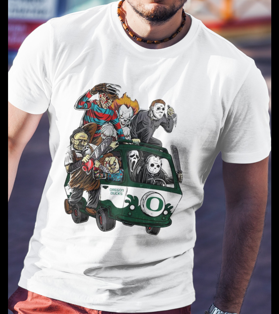 Oregon Ducks Horror Characters Bus Halloween Freddy Jason Michael Myers Pennywise Mask T-Shirt