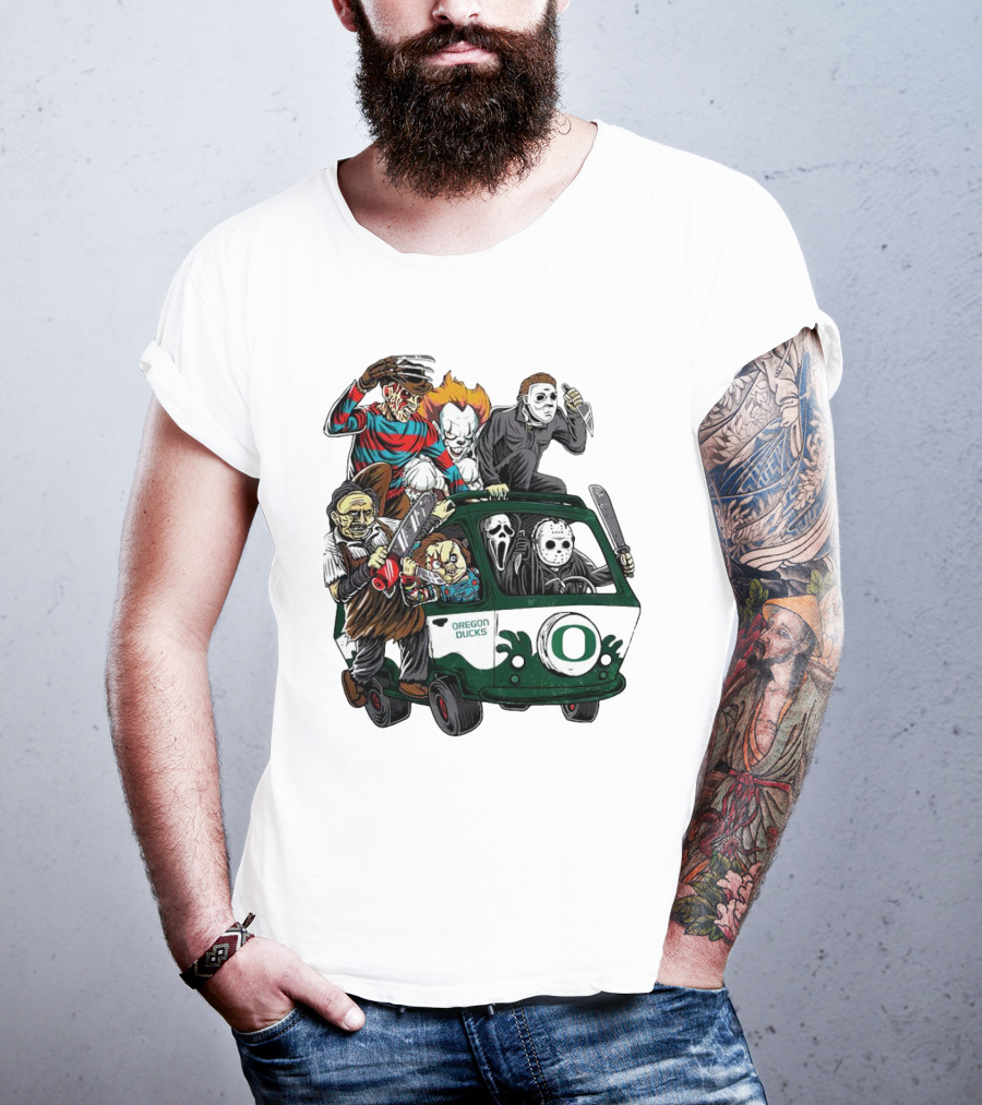 Oregon Ducks Horror Characters Bus Halloween Freddy Jason Michael Myers Pennywise Mask T-Shirt