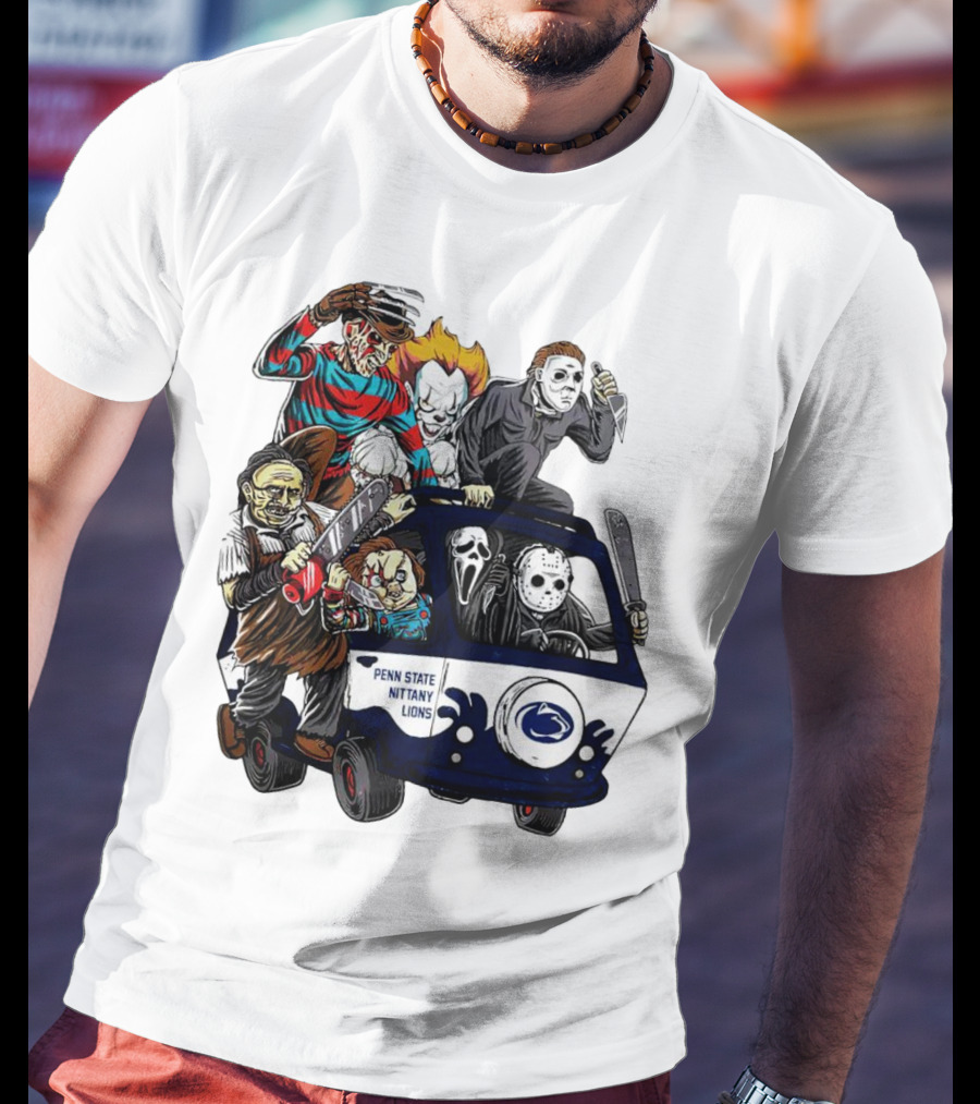 Penn State Nittany Lions Horror Movie Characters Halloween Bus T-Shirt