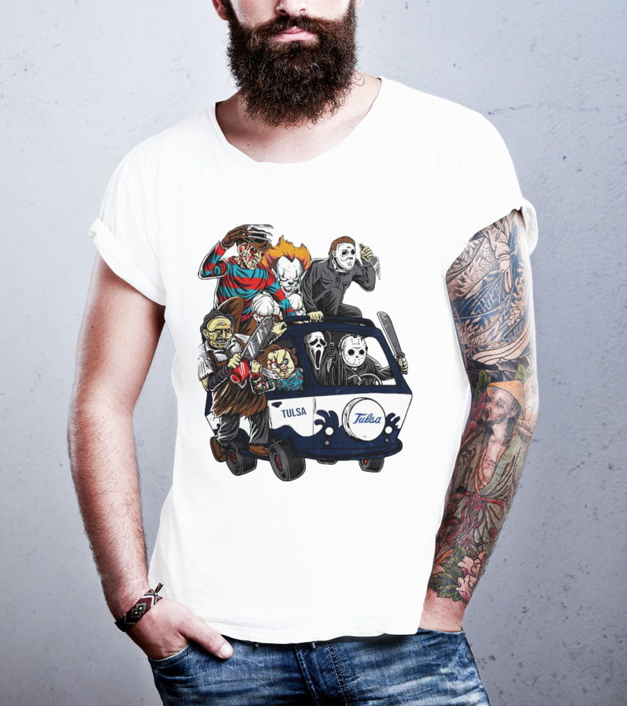 Tulsa Golden Hurricane Halloween Horror Characters Bus T-Shirt