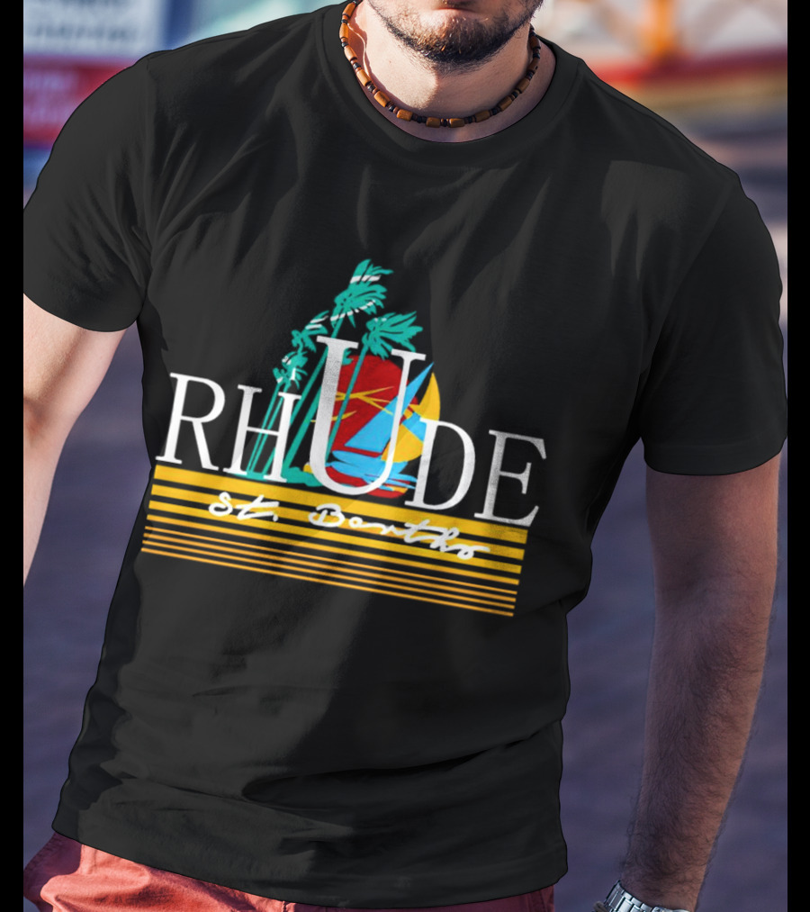 Rhude St Barths Vibrant Tropical Sailboat And Palm Trees T-Shirt