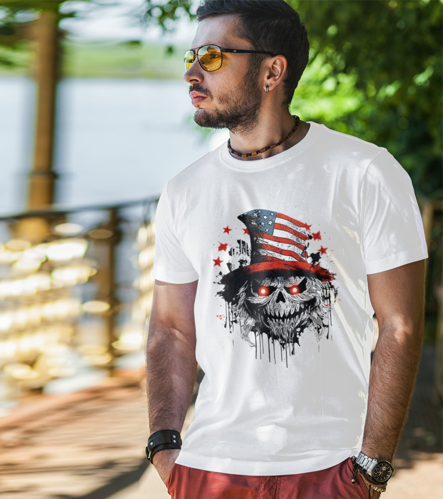 Creepy Uncle Sam Skeleton Skull Hat Dripping Red Eyes Halloween T-Shirt