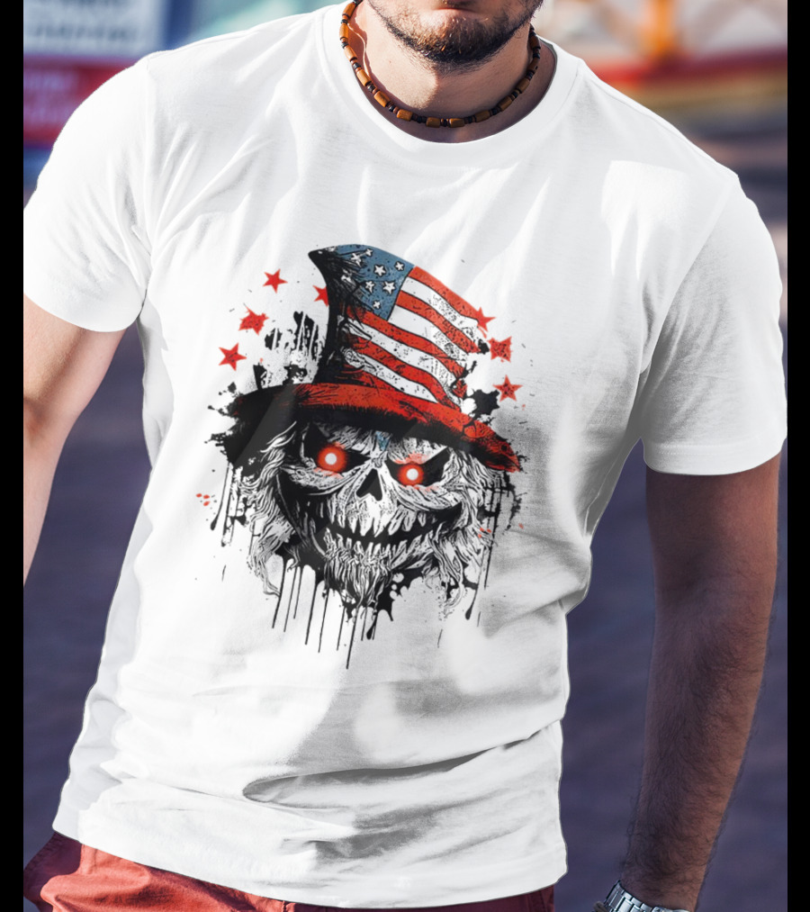 Creepy Uncle Sam Skeleton Skull Hat Dripping Red Eyes Halloween T-Shirt