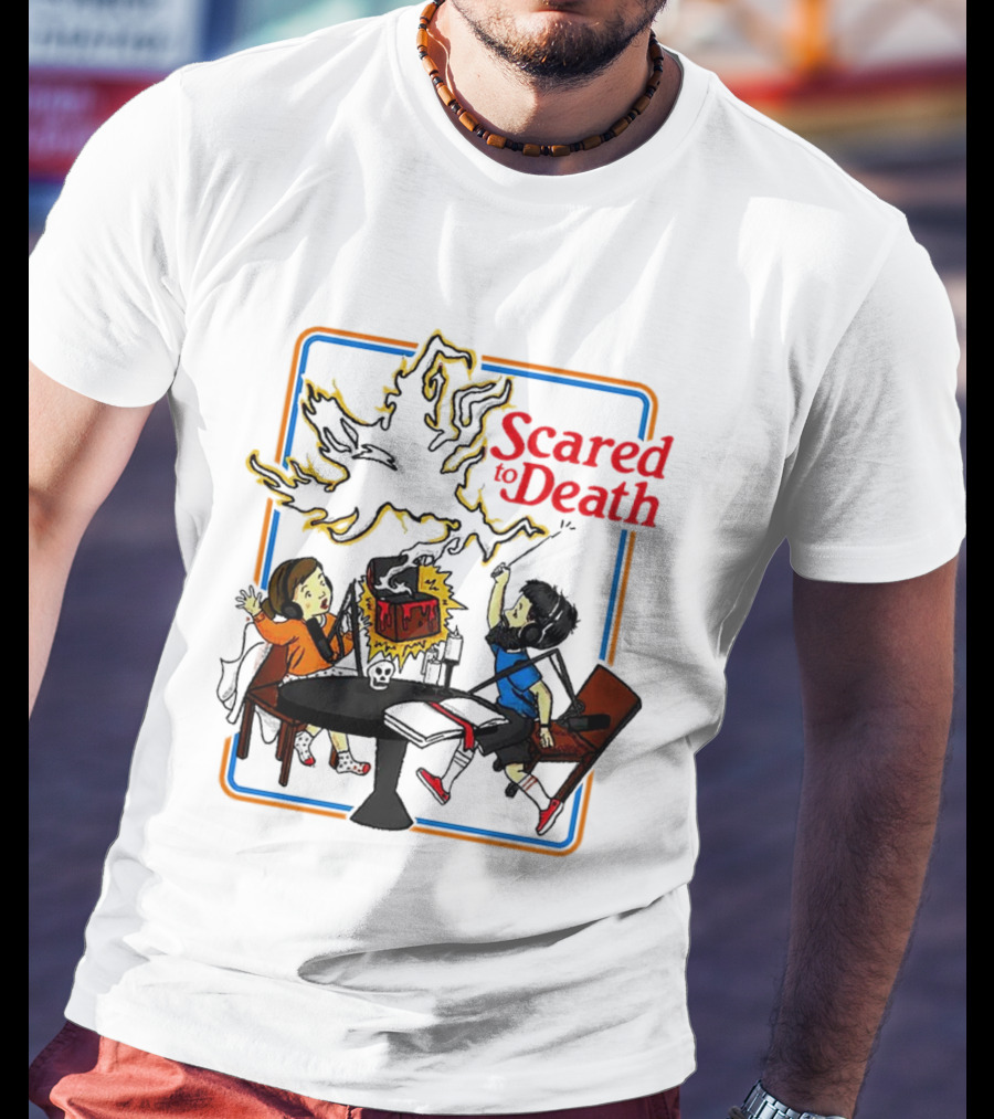Scared To Death Podcast Horror Theme Two Hosts With Headphones Ghostly Flames T-Shirt