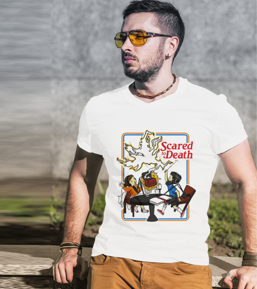 Scared To Death Podcast Horror Theme Two Hosts With Headphones Ghostly Flames T-Shirt