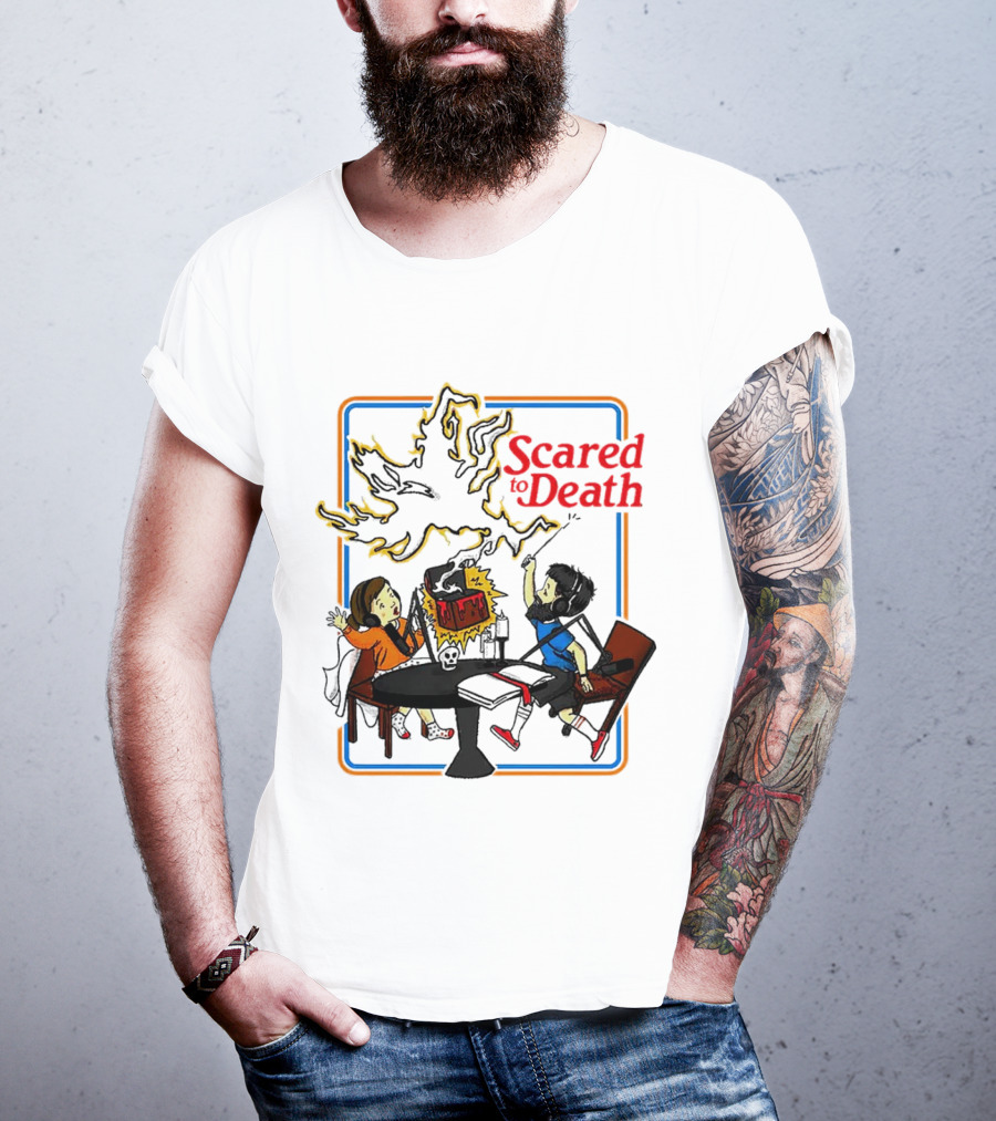 Scared To Death Podcast Horror Theme Two Hosts With Headphones Ghostly Flames T-Shirt