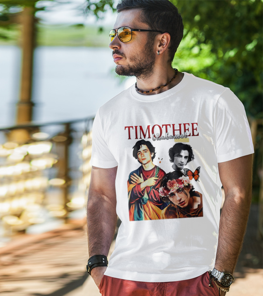 Timothee Chalamet Artistic Collage With Flowers And Butterfly T-Shirt