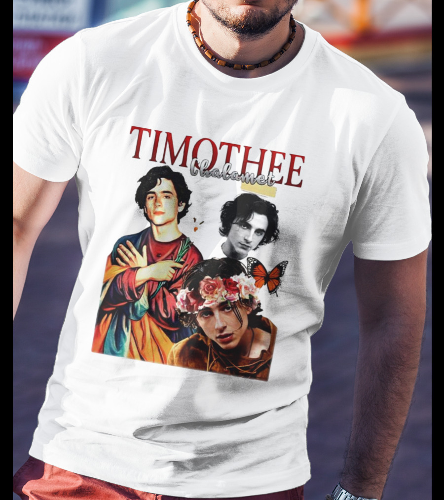 Timothee Chalamet Artistic Collage With Flowers And Butterfly T-Shirt