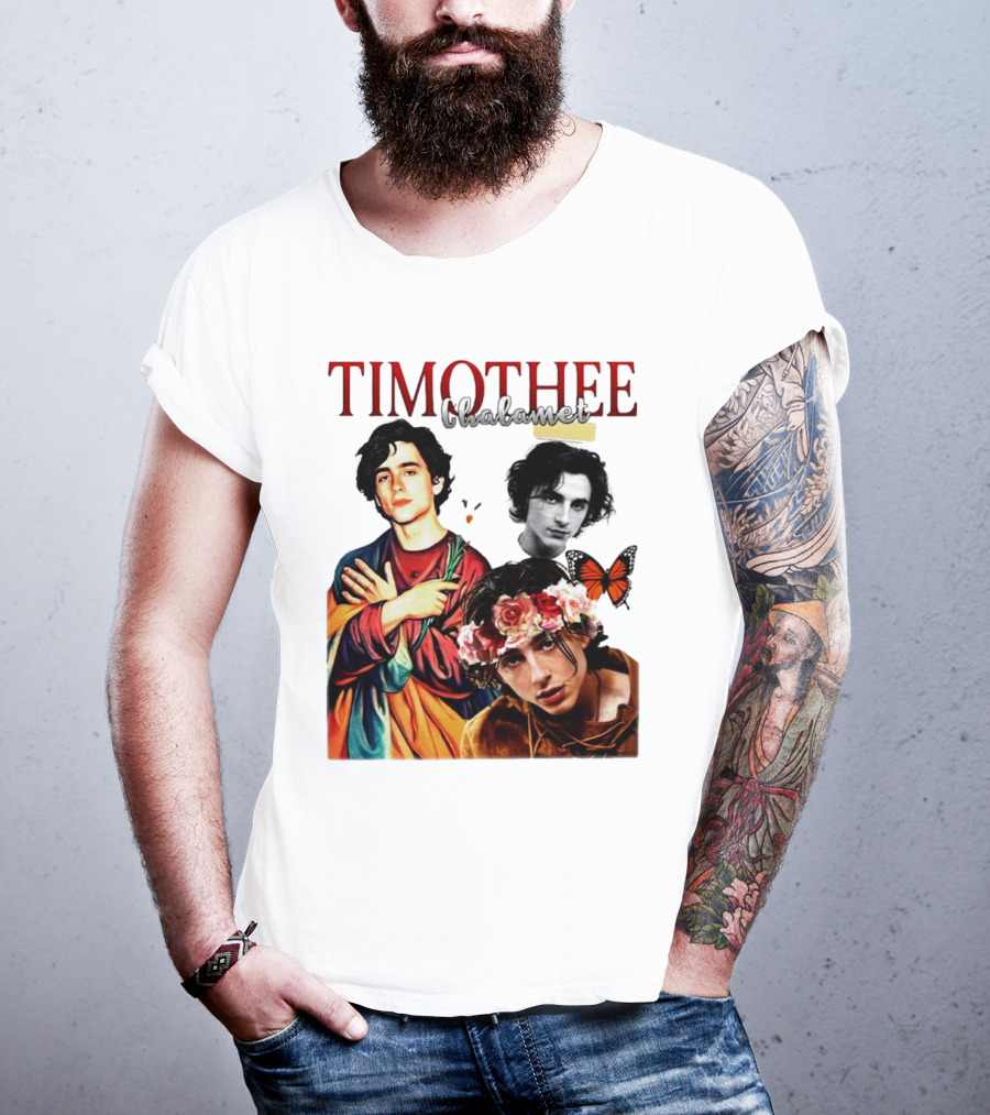 Timothee Chalamet Artistic Collage With Flowers And Butterfly T-Shirt