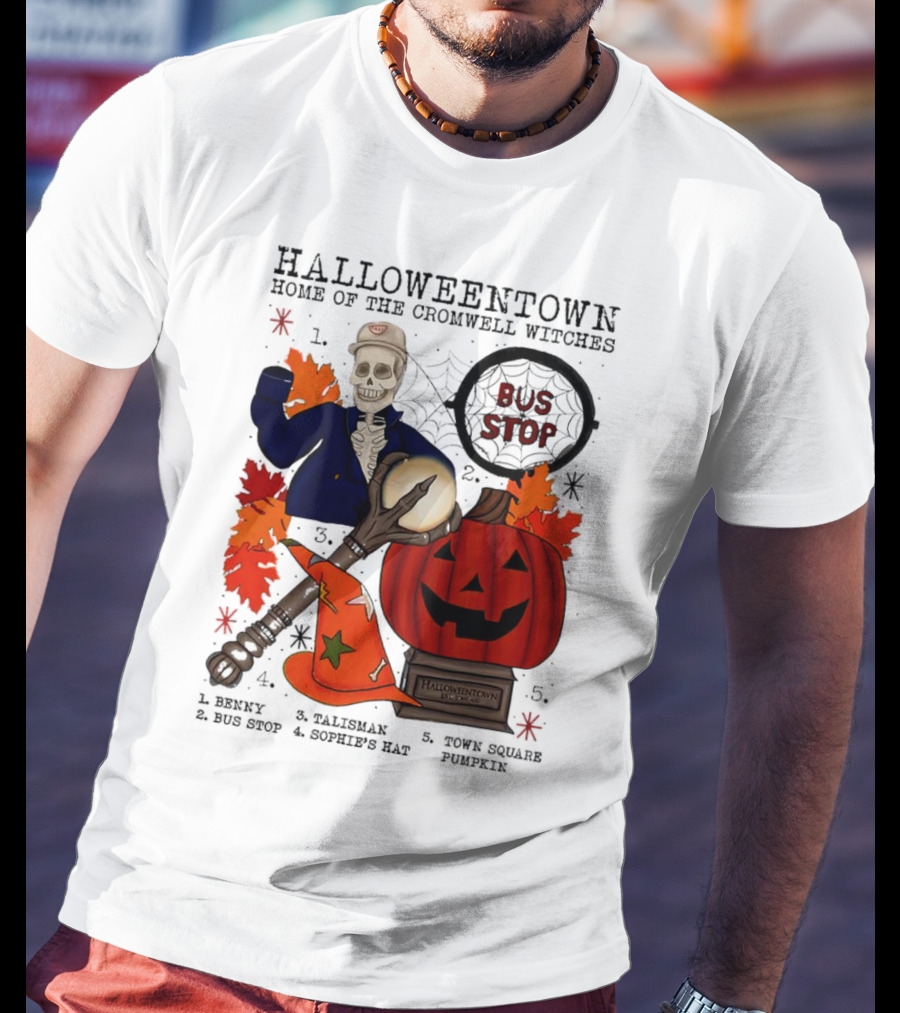 Halloweentown Home Of The Cromwell Witches Skeleton With Sophie’s Hat And Town Square Pumpkin T-Shirt