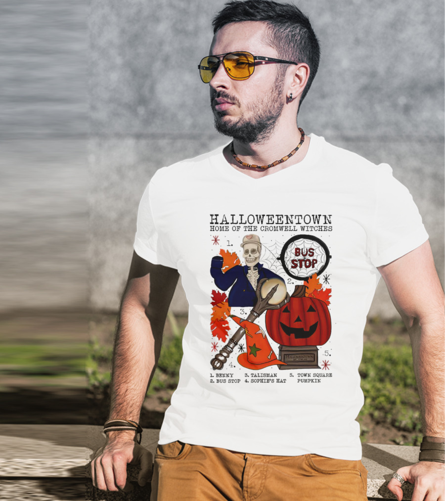 Halloweentown Home Of The Cromwell Witches Skeleton With Sophie’s Hat And Town Square Pumpkin T-Shirt