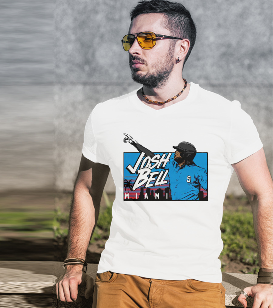 Josh Bell Miami Skyline Baseball Sunset T-Shirt
