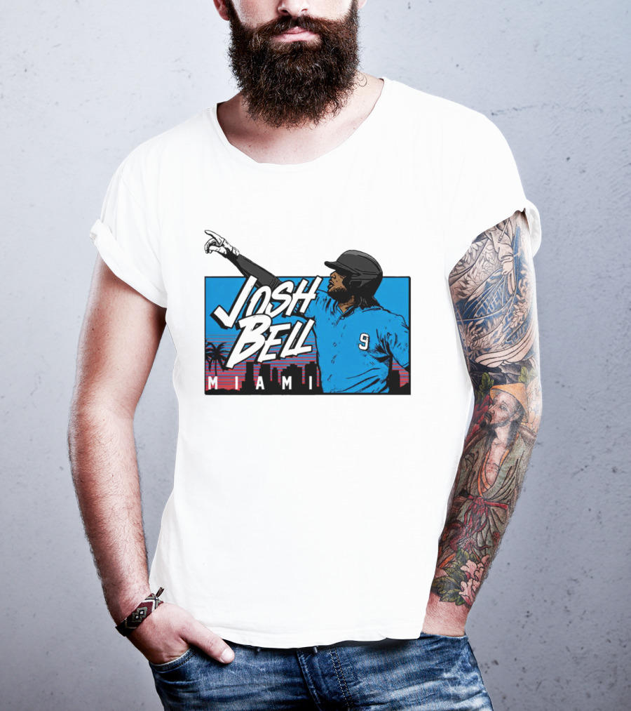 Josh Bell Miami Skyline Baseball Sunset T-Shirt