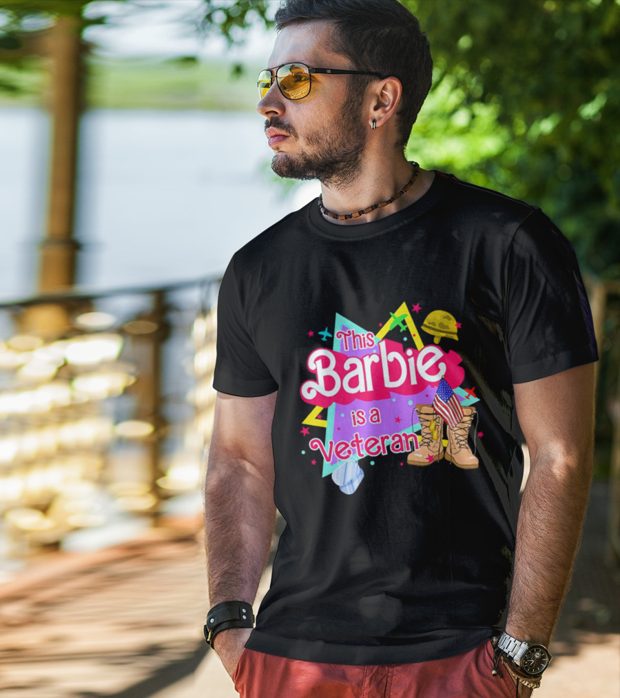 This Barbie Is A Veteran Boots American Flag Helmet Stars Background T-Shirt