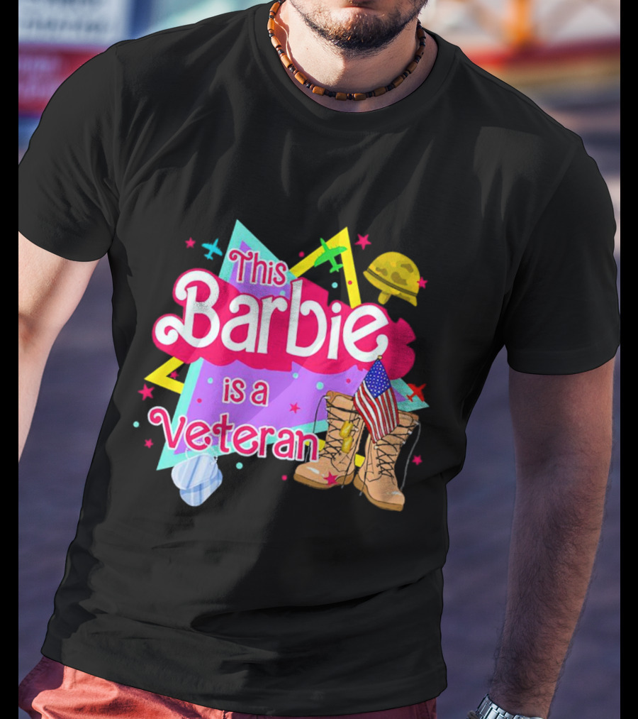 This Barbie Is A Veteran Boots American Flag Helmet Stars Background T-Shirt
