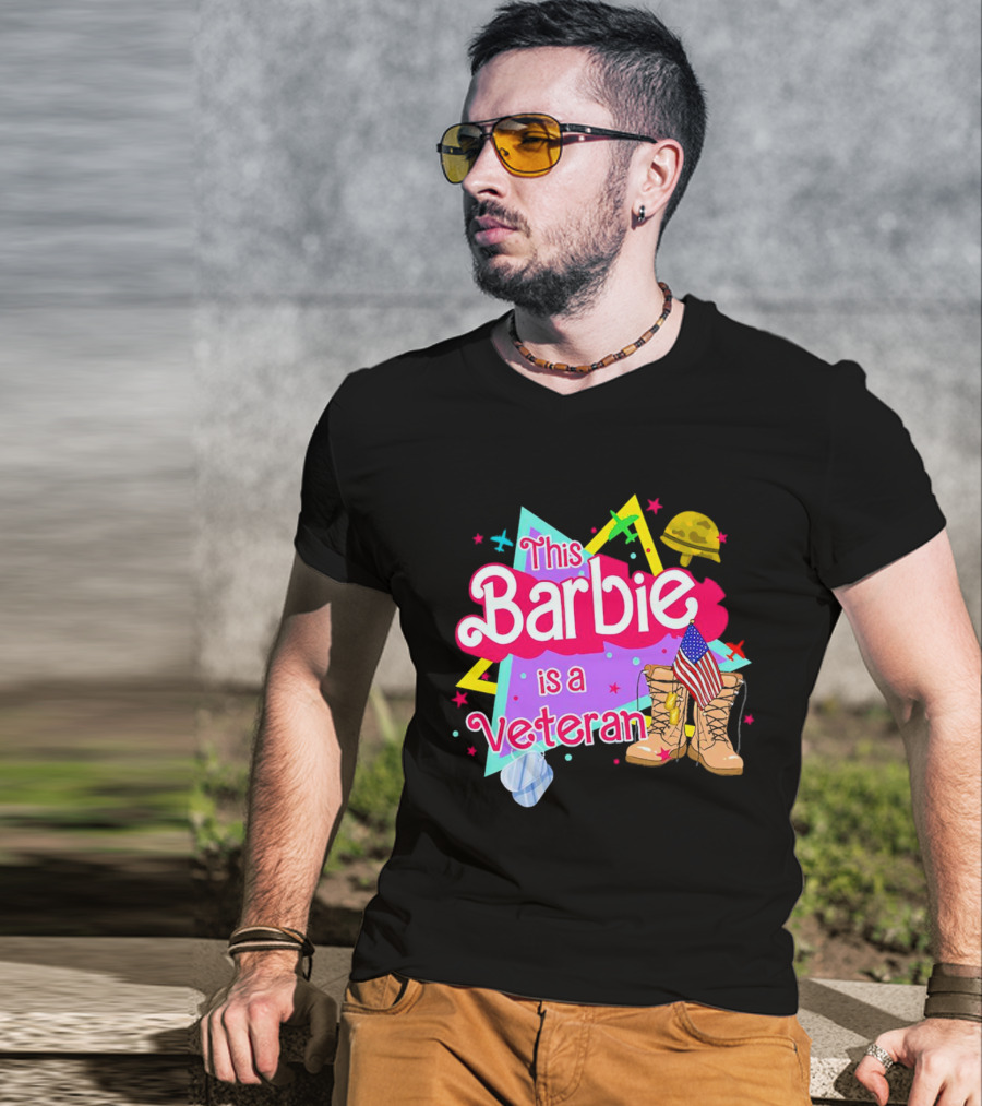 This Barbie Is A Veteran Boots American Flag Helmet Stars Background T-Shirt