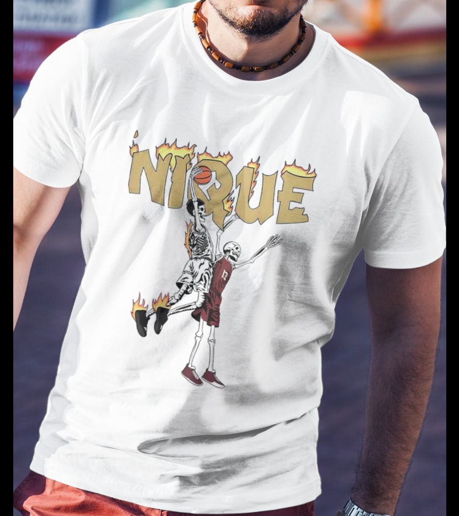 NIQUE Flaming Skeleton Dunk Basketball T-Shirt