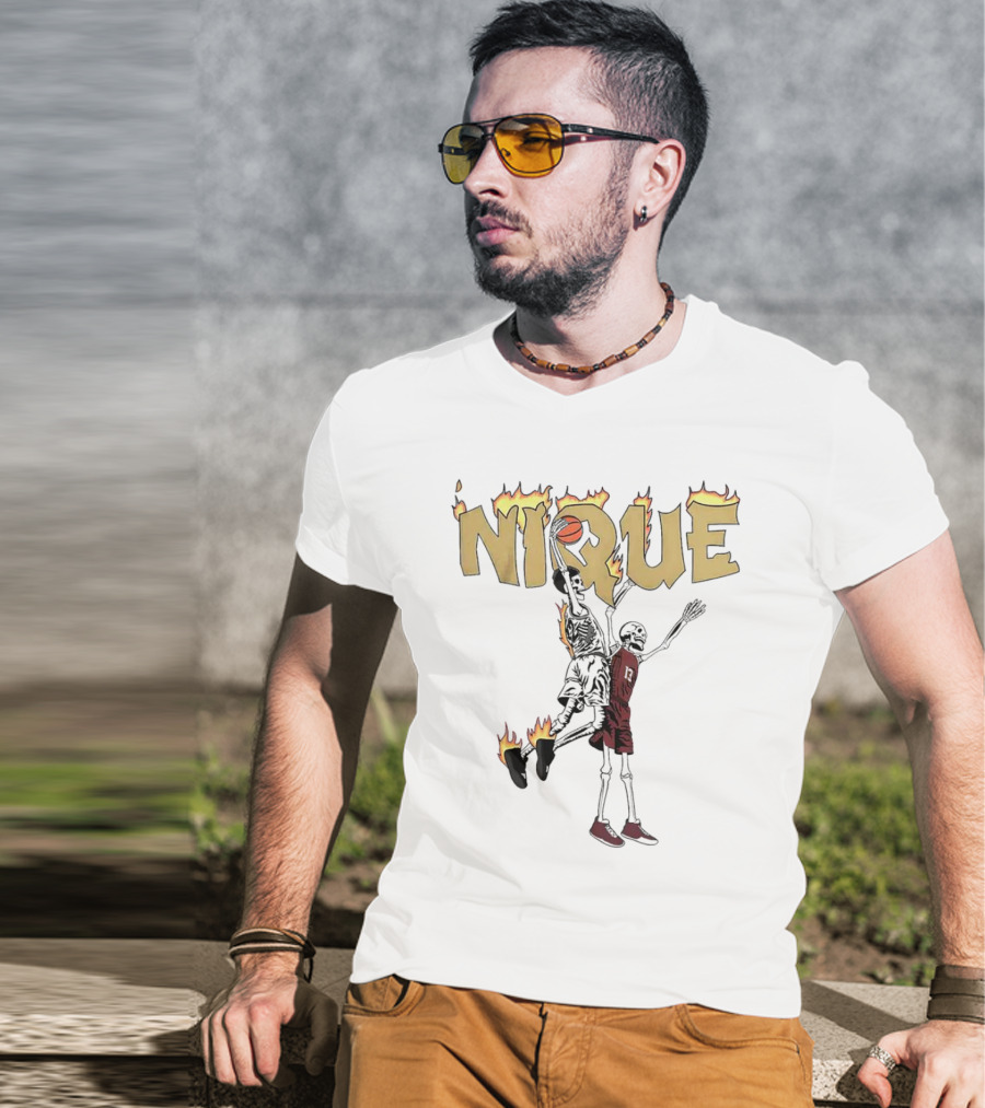 NIQUE Flaming Skeleton Dunk Basketball T-Shirt