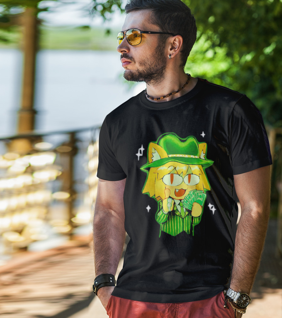 Sunny Waifu Gangster Neco-Arc Anime Cat Character With Money And Green Hat T-Shirt