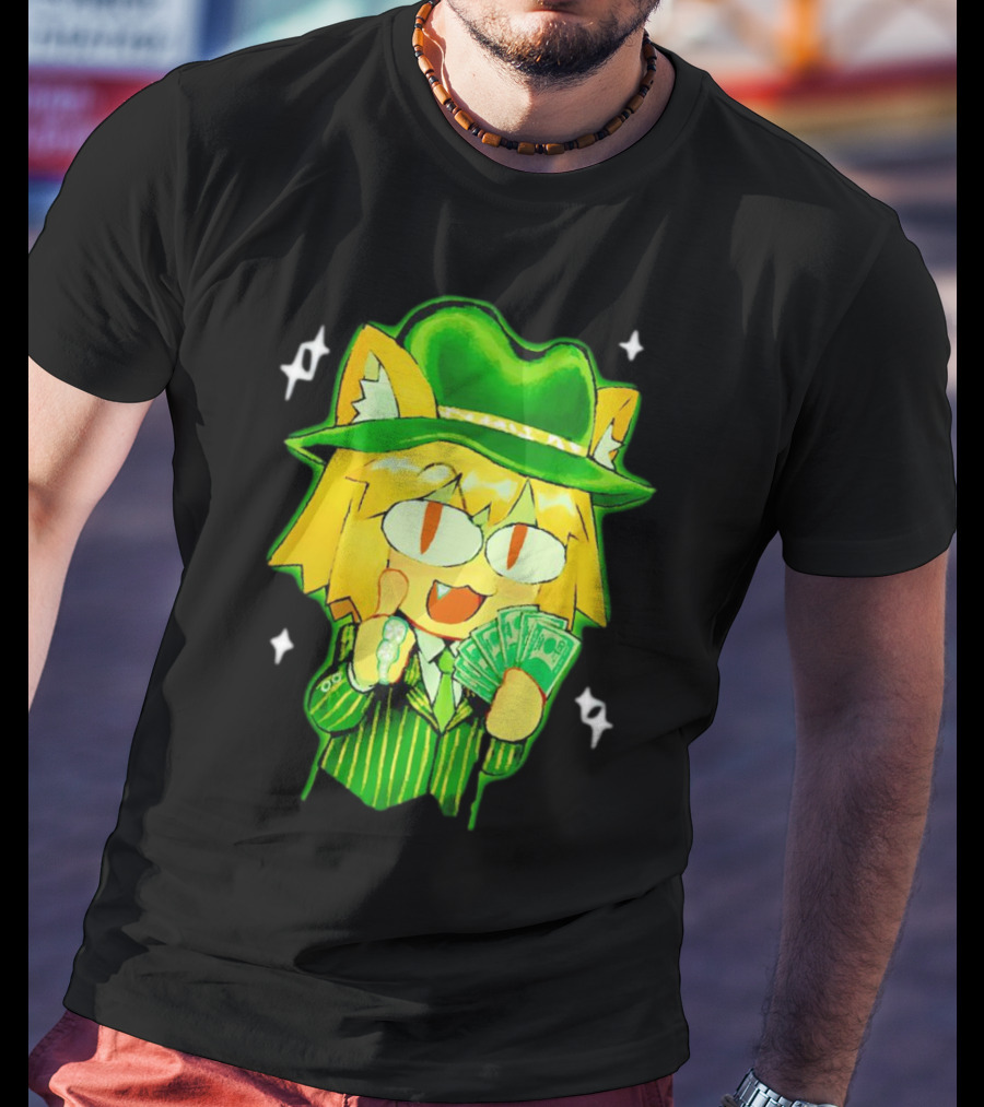 Sunny Waifu Gangster Neco-Arc Anime Cat Character With Money And Green Hat T-Shirt