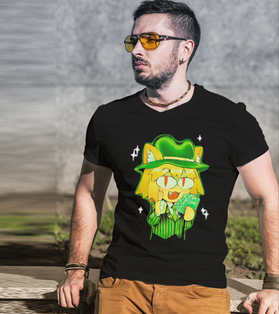 Sunny Waifu Gangster Neco-Arc Anime Cat Character With Money And Green Hat T-Shirt