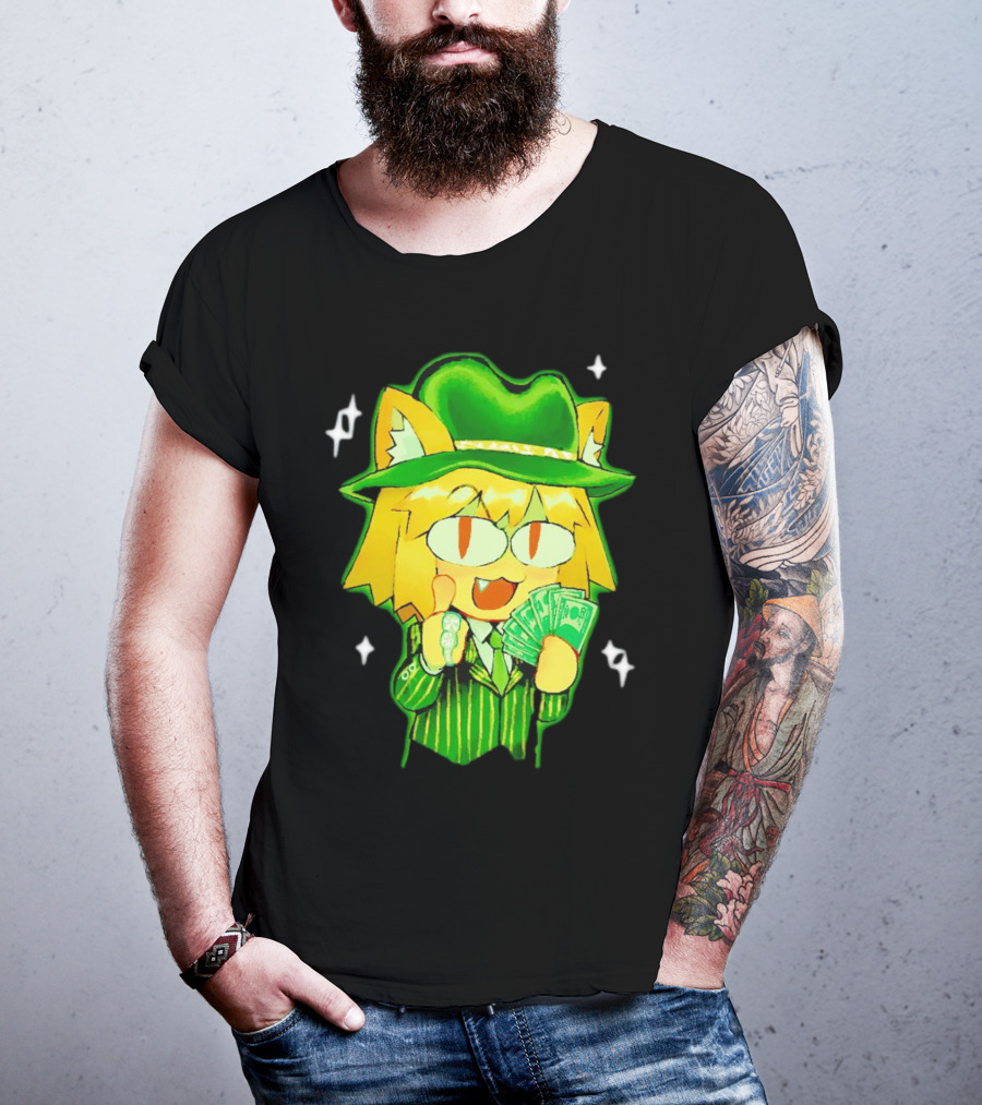Sunny Waifu Gangster Neco-Arc Anime Cat Character With Money And Green Hat T-Shirt