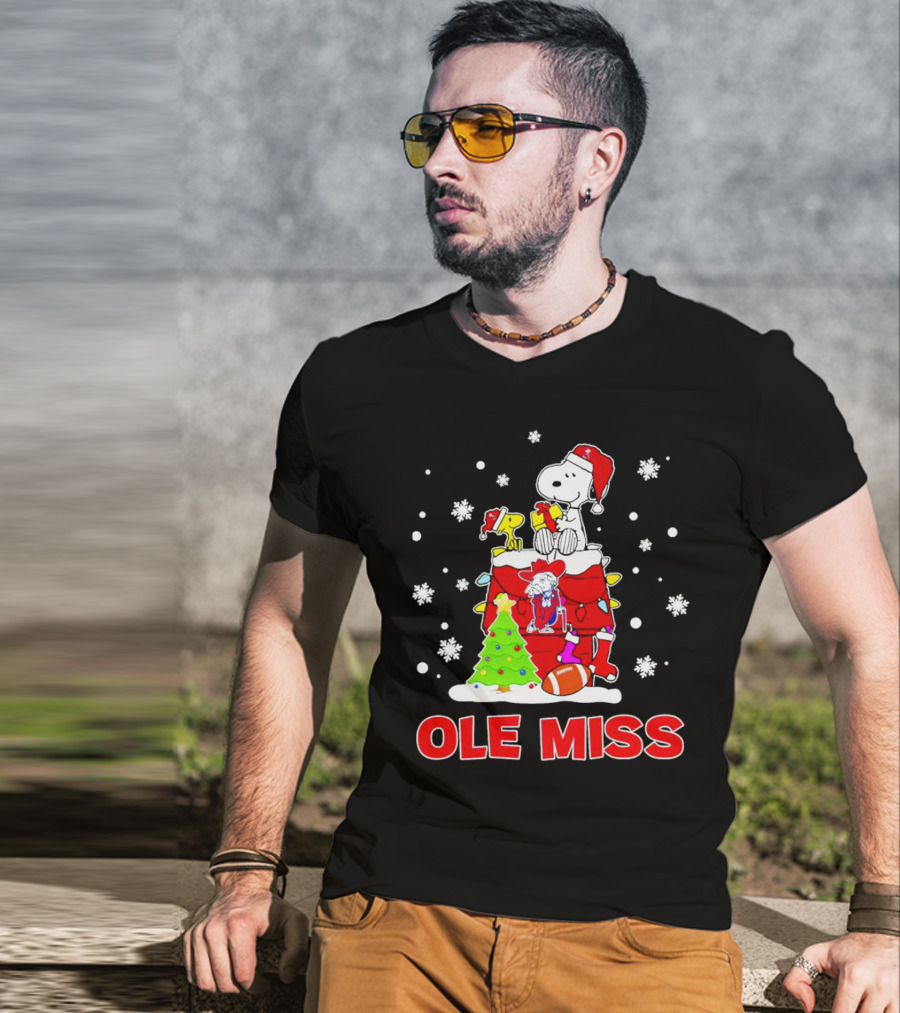 Ole Miss Snoopy Christmas Football Holiday Celebration Snowflakes T-Shirt