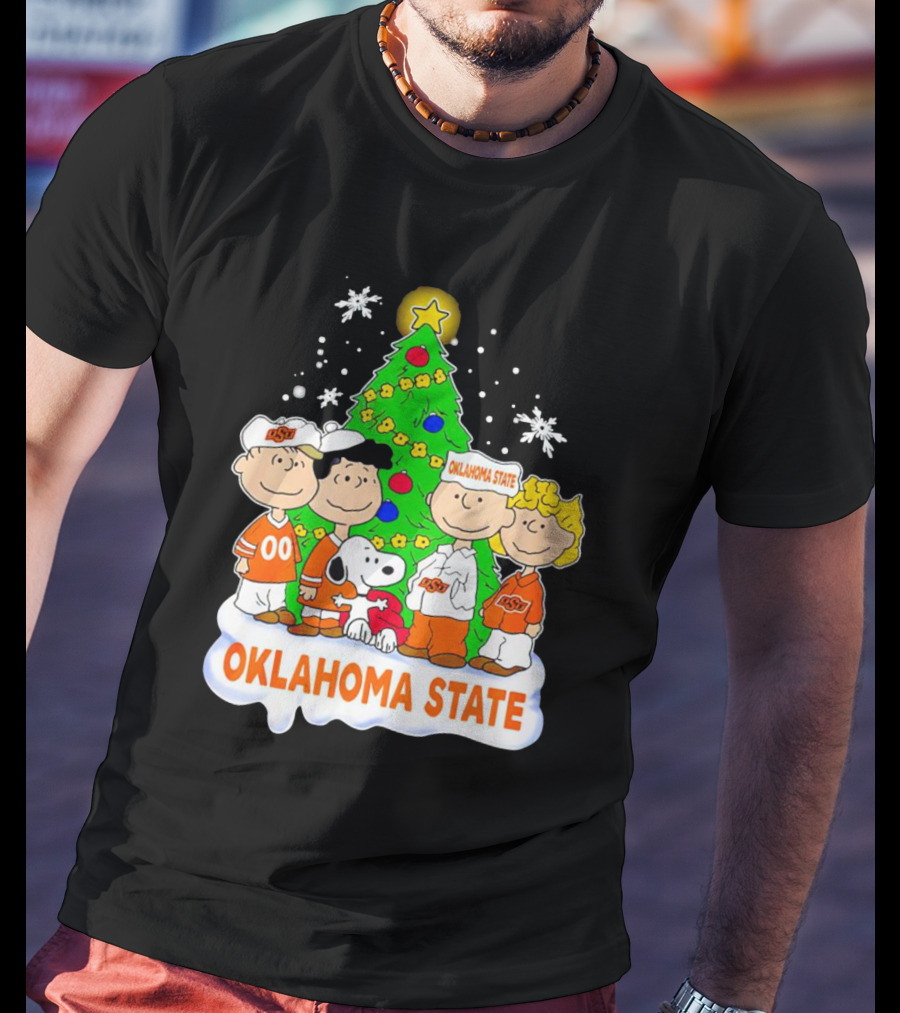 Peanuts Oklahoma State Cowboys Christmas Tree Snoopy Charlie Brown Lucy Peppermint Patty T-Shirt