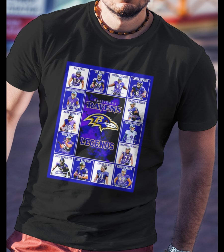 Baltimore Ravens Legends Ray Lewis Ed Reed Lamar Jackson Signature Collection T-Shirt