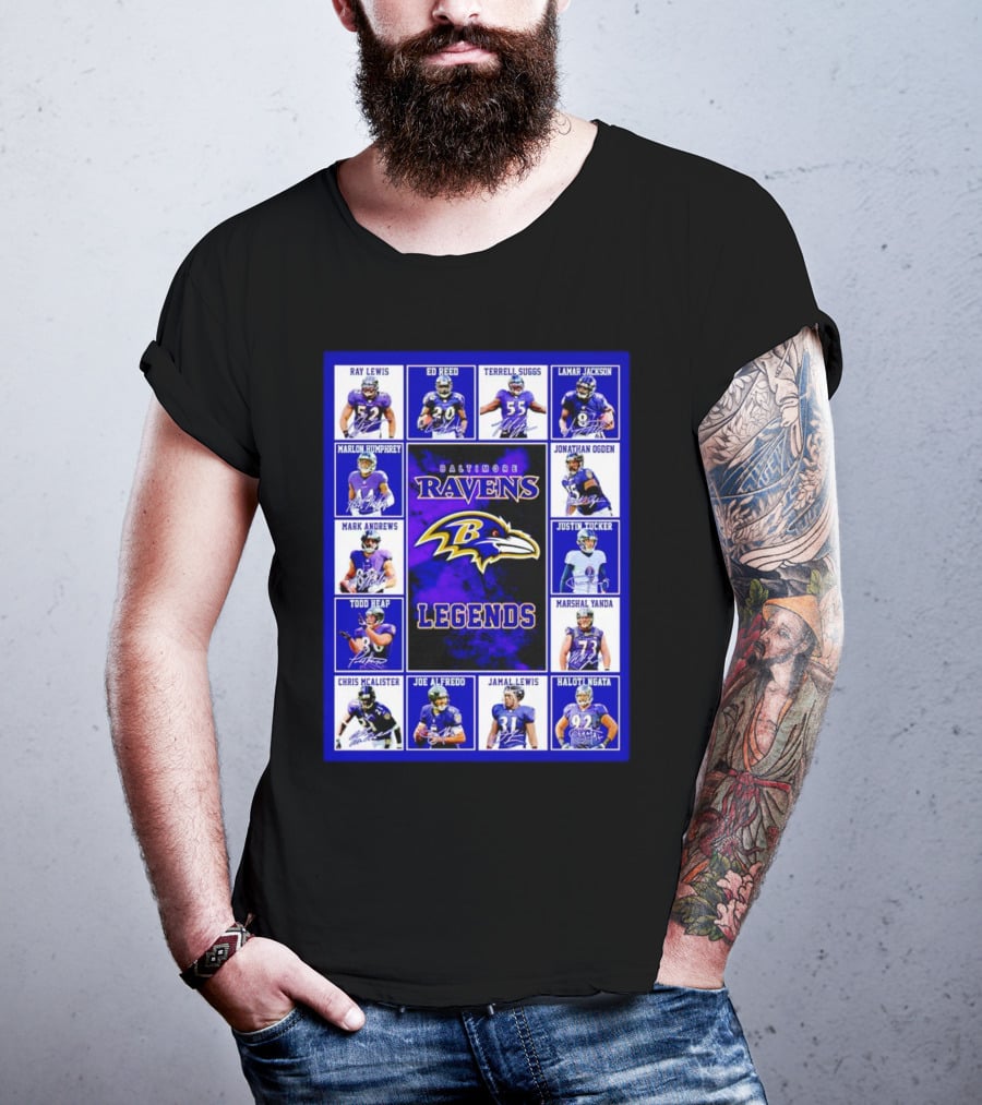 Baltimore Ravens Legends Ray Lewis Ed Reed Lamar Jackson Signature Collection T-Shirt