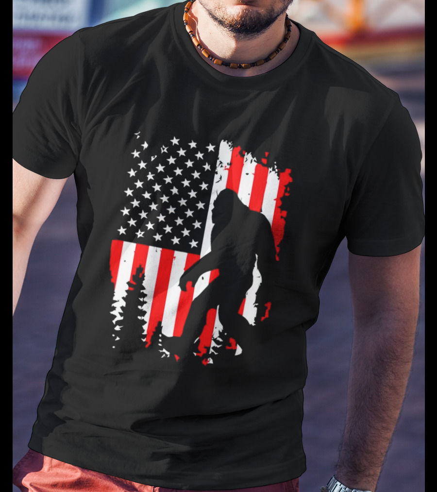Bigfoot Silhouette With American Flag Background T-Shirt