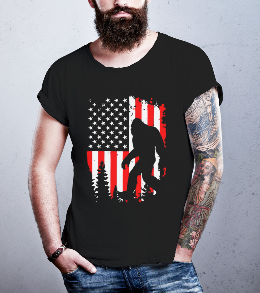 Bigfoot Silhouette With American Flag Background T-Shirt