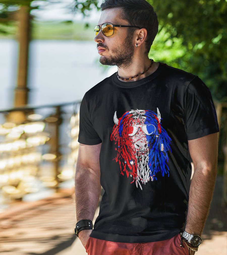 Buffalo Soldier Rasta Red Blue Bison Sunglasses Dreadlocks T-Shirt