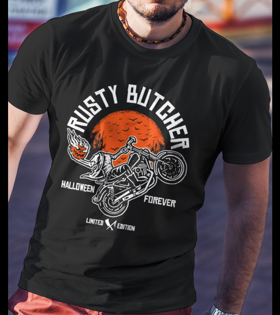 Rusty Butcher Halloween Forever Pumpkin Motorcycle Moon Bats T-Shirt