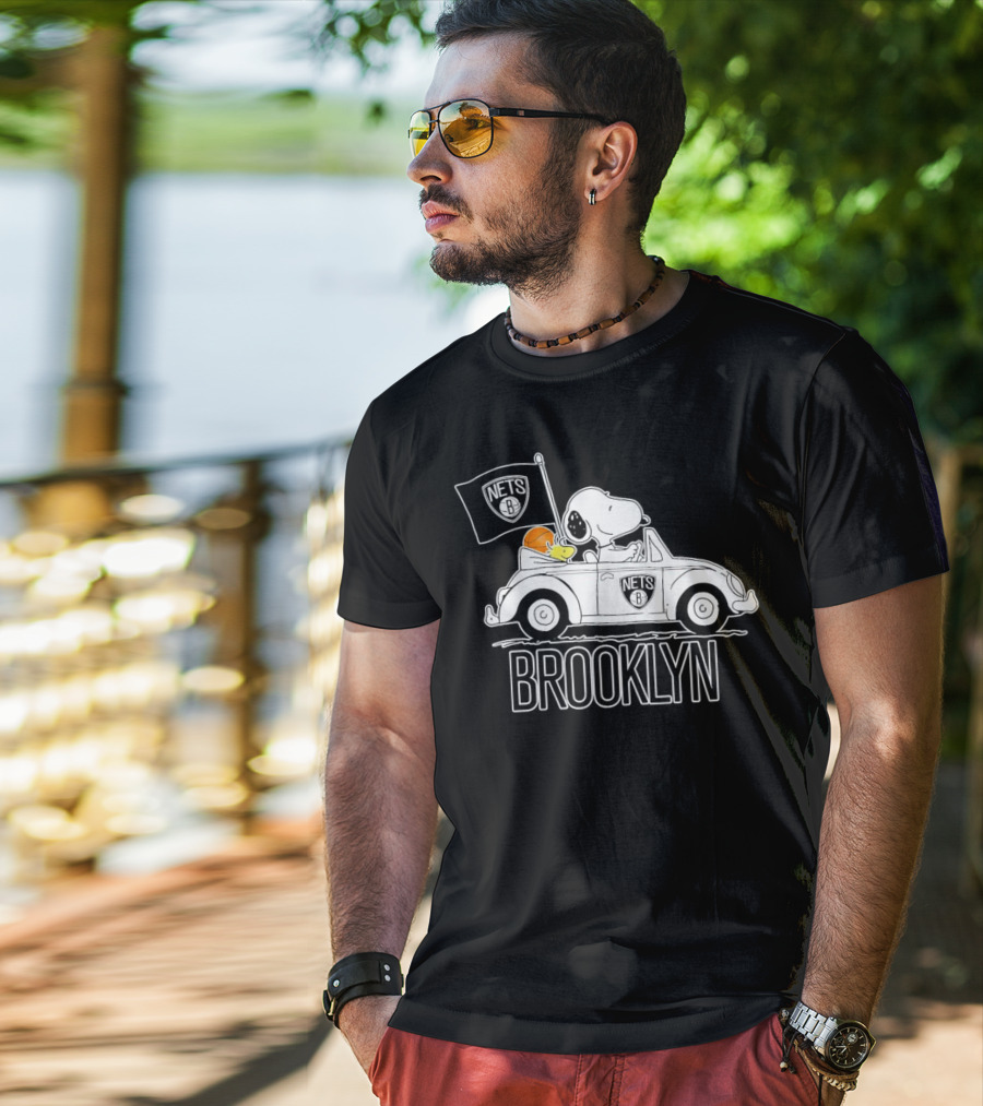 Brooklyn Nets Snoopy Driving Car With Basketball And Flag T-Shirt