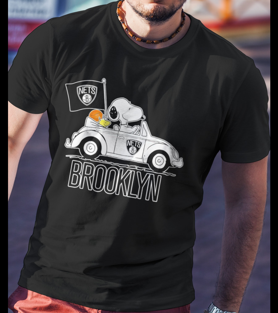 Brooklyn Nets Snoopy Driving Car With Basketball And Flag T-Shirt