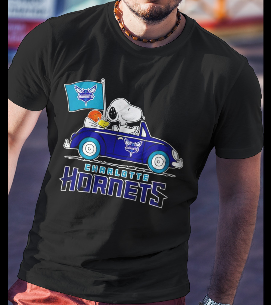 Charlotte Hornets Snoopy Dog Driving Car With Flag T-Shirt