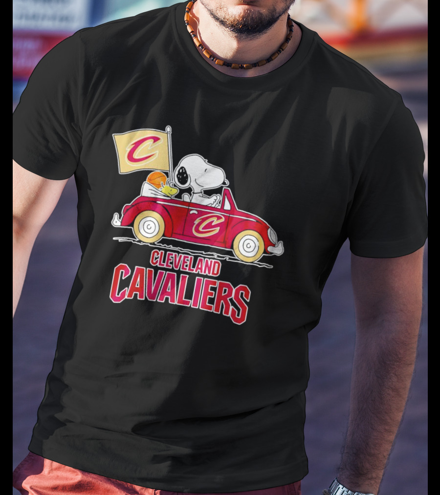 Cleveland Cavaliers Snoopy Driving Car With Basketball And Flag T-Shirt