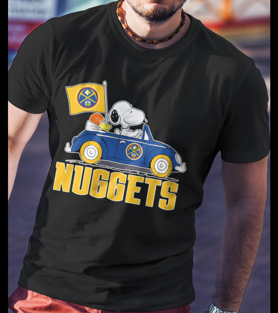 Denver Nuggets Snoopy Driving Car With Basketball Flag T-Shirt