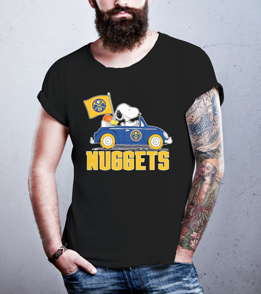 Denver Nuggets Snoopy Driving Car With Basketball Flag T-Shirt