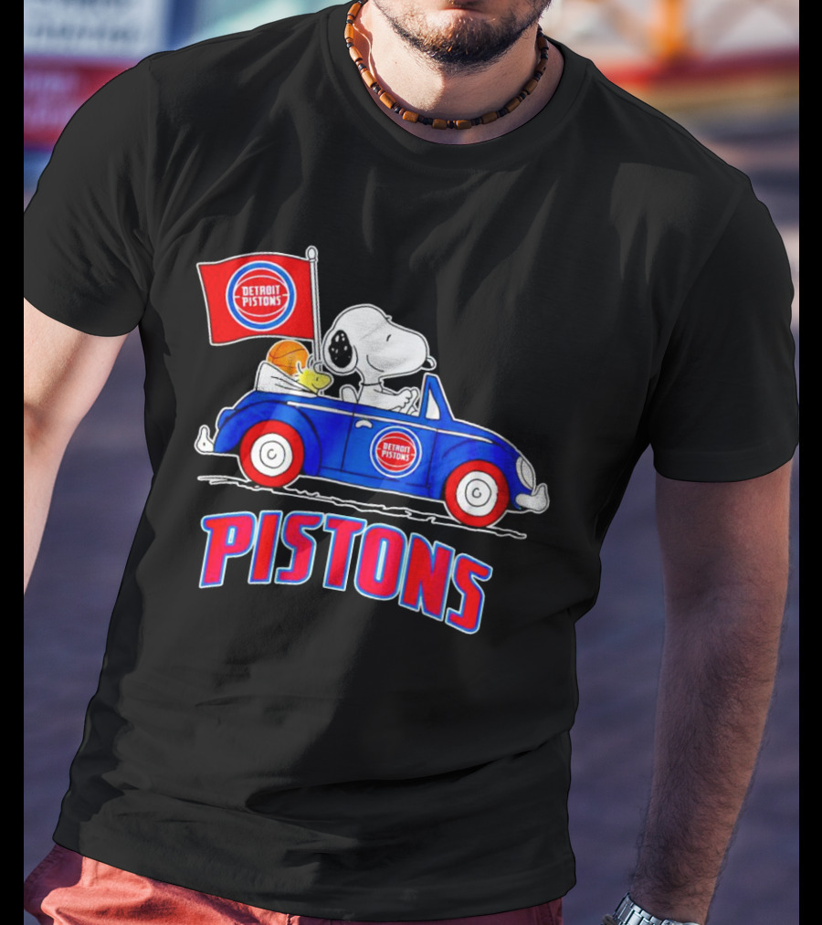 Detroit Pistons Basketball Snoopy Driving Car With Flag T-Shirt