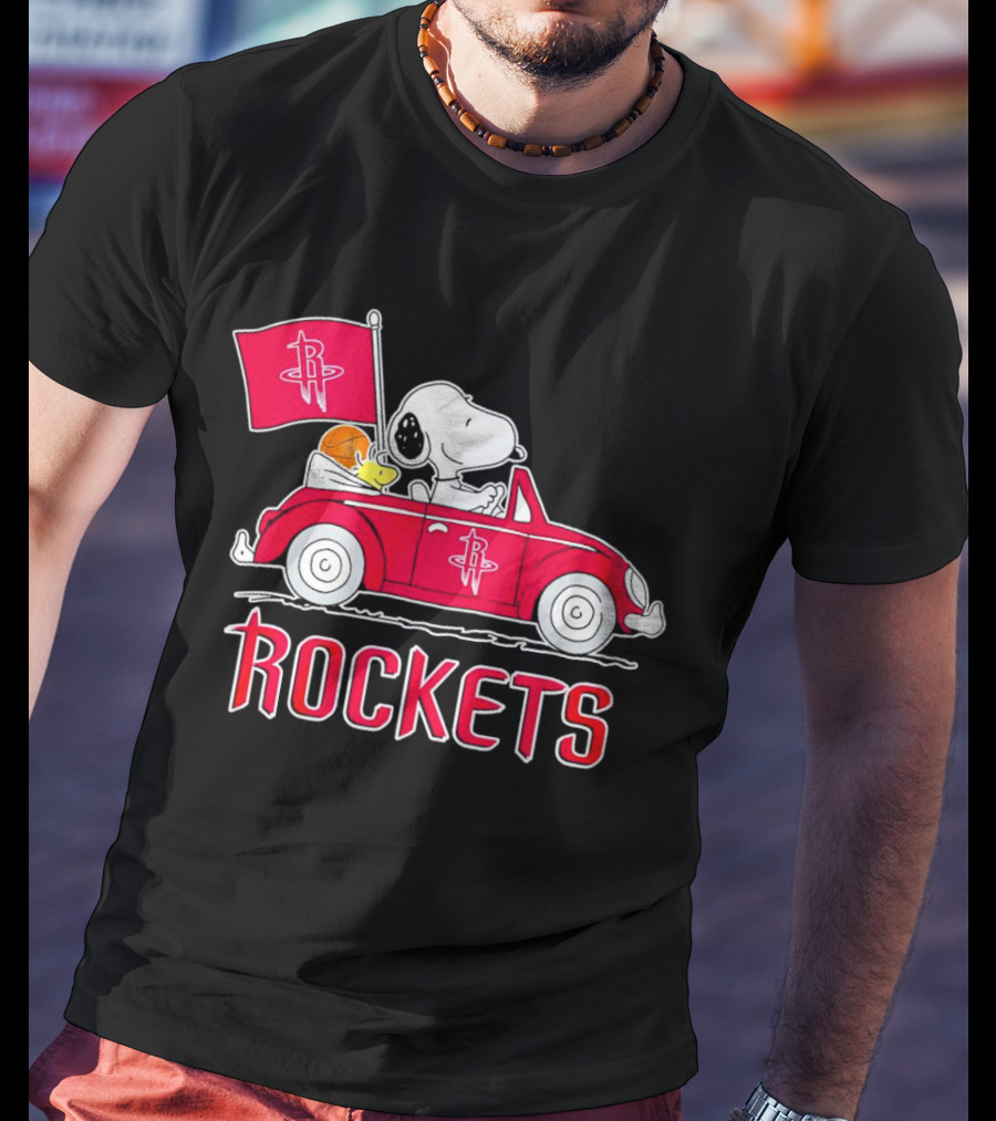 Rockets Snoopy Driving Red Car With Basketball Flag T-Shirt