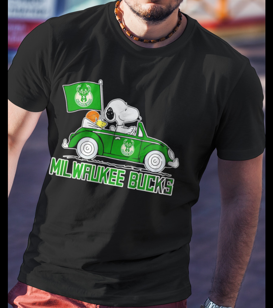 Milwaukee Bucks Snoopy Driving Car With Basketball And Team Flag T-Shirt