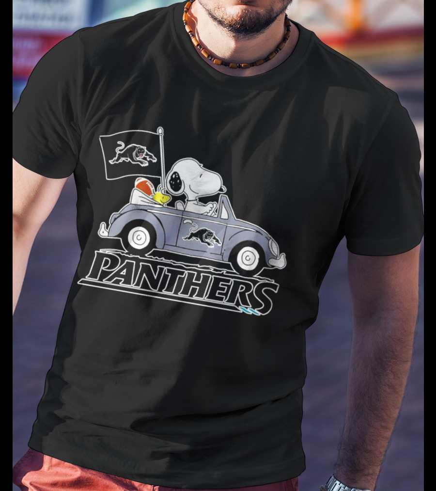 Snoopy Driving Volkswagen With Panthers Football Flag Peanuts T-Shirt