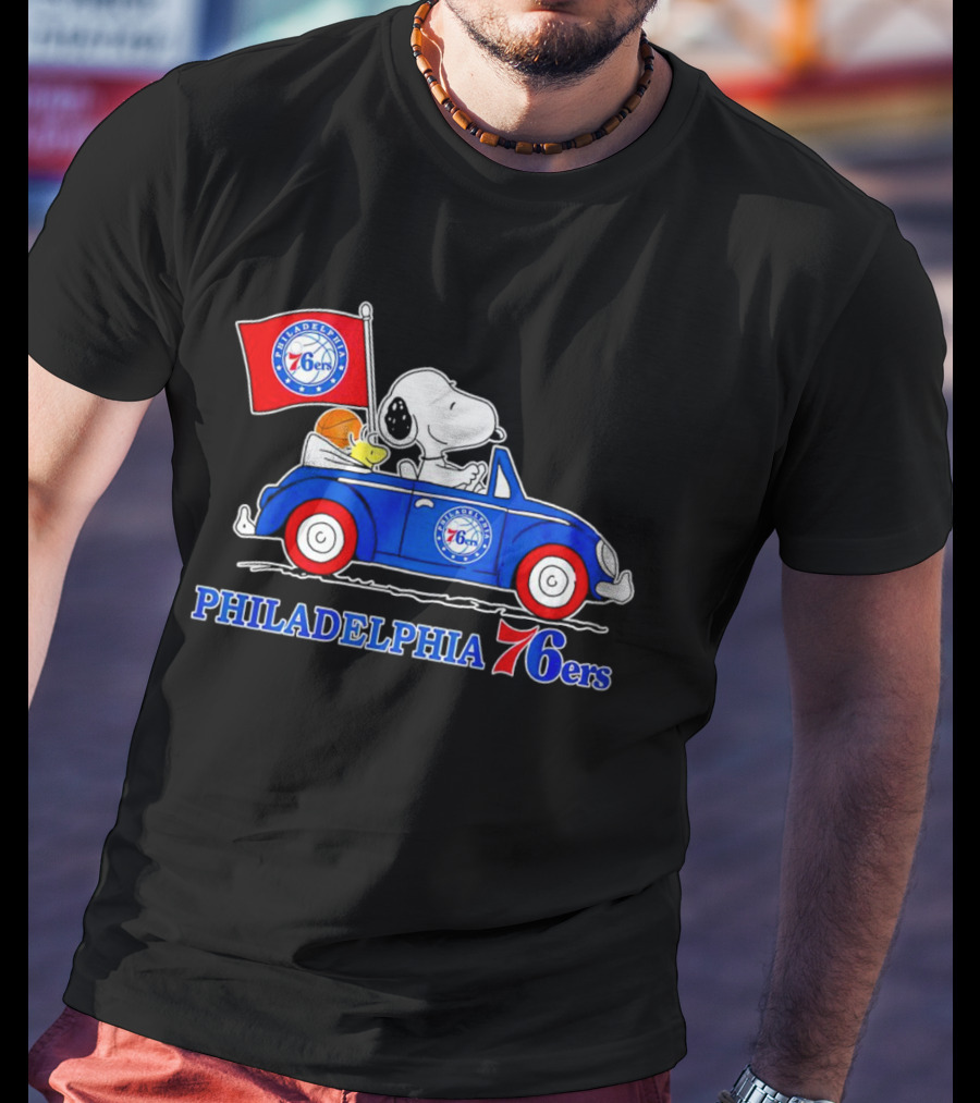 Philadelphia 76ers Snoopy Driving Car With Basketball And Flag T-Shirt